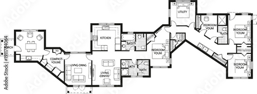 A comprehensive floor plan drawing details the layout of a large, sprawling single-story residential home with multiple rooms and wings.