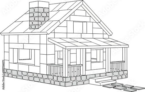 A detailed line drawing illustrates a small, rustic cabin structure featuring a stone foundation and a covered front porch.