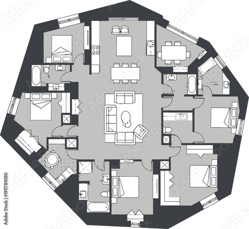 A floor plan illustrates the layout of a large, multi-bedroom luxury apartment with an octagonal outer shape and detailed room divisions.