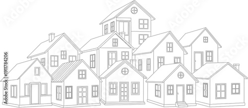 Group of simple residential house outlines are stacked together creating a dense neighborhood or community representation.