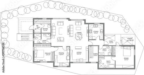 Detailed floor plan illustration shows the layout of a modern residential house with multiple rooms and surrounding landscape elements.
