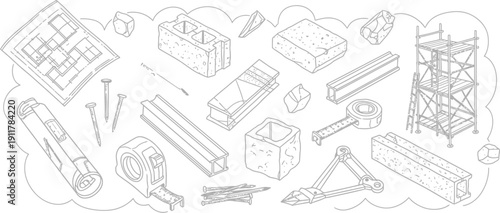 Assorted construction materials and tools such as scaffolding, tape measure, beams, and concrete blocks float within clouds.