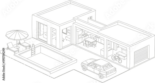 An isometric line drawing depicts a modern house exterior featuring a swimming pool, parked car, bicycle, and open interior view.