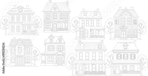 Wallpaper Mural A collection of eight different traditional residential house outlines is displayed against a white background for design use. Torontodigital.ca