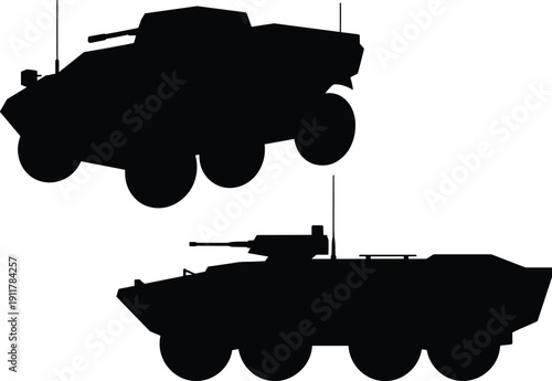 Two black armored military vehicle silhouettes with mounted guns and antennas, isolated on white background, perfect for defense, security, educational, and design projects.