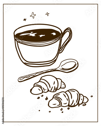 Hand drawn vector illustration of croissant and coffee perfect  for invitations, menus, parties. La dolce vita minimalist line art for poster, placard, print, card.