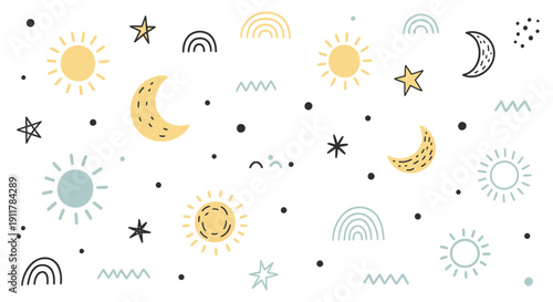 Whimsical vector illustration of celestial bodies and symbols in pastel colors isolated on transparent background