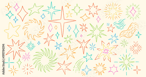 Doodle Hand Draw Twinkle Star Set. Sketch Crayon Shooting Stars, Firework and Sun Bundle. Sky Scribble Line Pencil Drawing with Charcoal Texture. Kid Twinkle Shapes Bundle, Cute Vector Illustration.