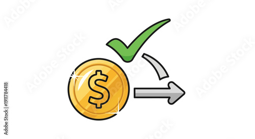 Golden dollar coin with green check.