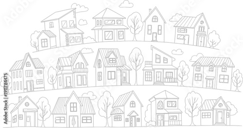 Doodle style illustration depicts a neighborhood street scene with numerous diverse residential houses situated on rolling hills.