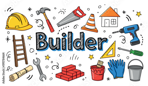 Builder tools and equipment illustration with saw, hammer, and hard hat