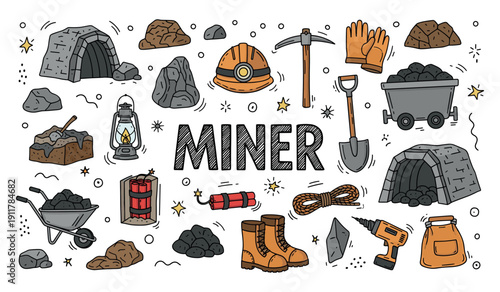Mining tools and equipment illustration featuring helmets, pickaxes, and tunnels