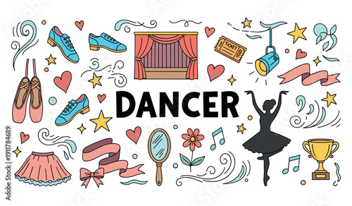 Ballet and dance elements with silhouette and accessories in colorful design