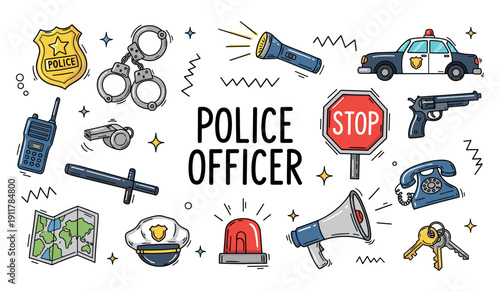 Police officer equipment collection: badges, handcuffs, megaphone, patrol car, flashlight