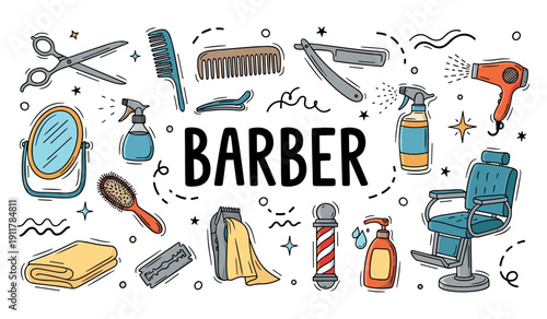 Barber shop tools and chair illustration with scissors, comb, and razor