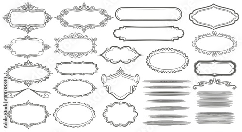 Collection of various ornate and plain label shapes in black outline on white background