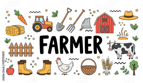 Farming icons: tools, barn, tractor, animals, and nature elements