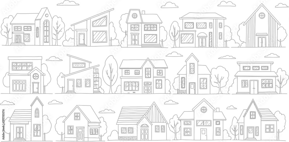 custom made wallpaper toronto digitalA collection of twelve simple outline drawings displays various styles of modern and traditional detached residential houses in a grid layout.