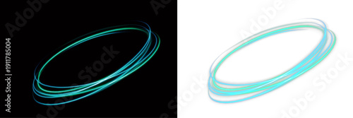 Blue neon ring glows brightly against a dark transparent background. Circular light trails spiral dynamically. Perfect abstract element for futuristic motion graphics.