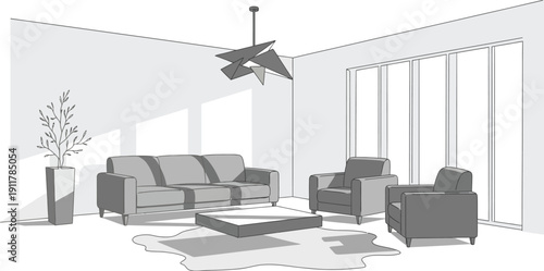 Monochromatic drawing depicts a modern living room interior with a sectional sofa, two armchairs, and a geometric chandelier overhead.