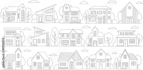 A collection of twelve simple outline drawings displays various styles of modern and traditional detached residential houses in a grid layout.