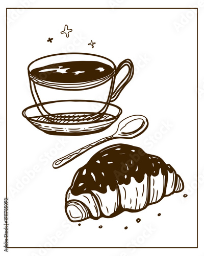 Hand drawn vector illustration of croissant and coffee perfect  for invitations, menus, parties. La dolce vita minimalist line art for poster, placard, print, card.
