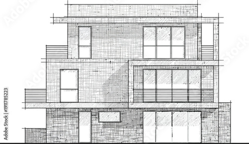 Architectural elevation sketch depicts a modern, multi-story residential building facade with large windows and balcony elements.