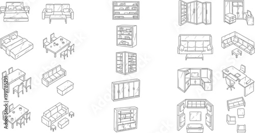 Various isometric furniture arrangements including sofas, beds, dining sets, and shelving units are displayed for interior design planning.