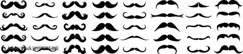 Large collection of mustache silhouettes in vintage and retro barber style. Variety of classic facial hair shapes isolated on light background. Perfect for barbershop branding, grooming themes, hipste