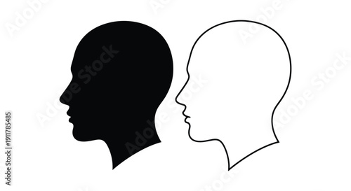 Silhouette profile of a black solid human head shape facing a white outline head shape symbolizing contrast
