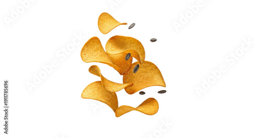 Golden potato chips flying in air isolated on black background, perfect for snack food advertising