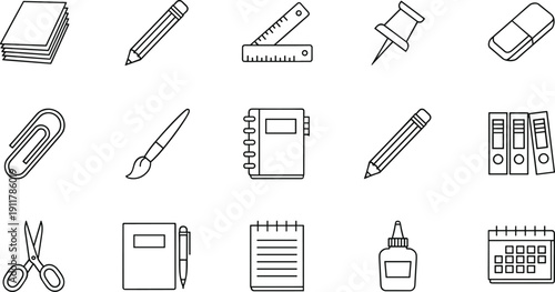 Office and school stationery line icons set with notebook pencil ruler eraser pushpin paperclip scissors glue calendar for education, business, workspace design