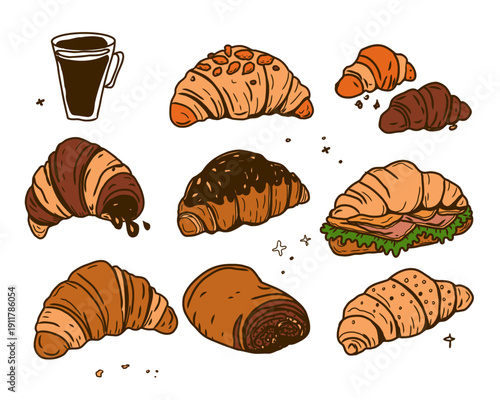 Hand drawn vector set of croissants and coffee perfect for invitations, menus, parties. La dolce vita minimalist line art for poster, placard, print, card.