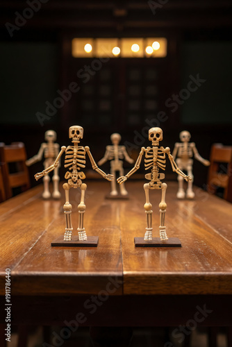 Small human skeleton figurines stand on a dark wooden table in a dimly lit room