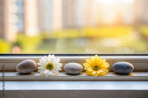 Simple arrangement of smooth grey stones and delicate colorful daisy flowers on a sunlit windowsill