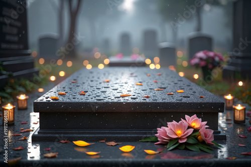 Solemn graveyard scene with raindrops, lit candles, and colorful flowers honoring departed souls
