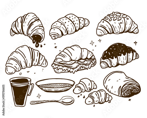 Hand drawn monochrome vector set of croissants and coffee perfect for invitations, menus, parties. La dolce vita minimalist line art for poster, placard, print, card.