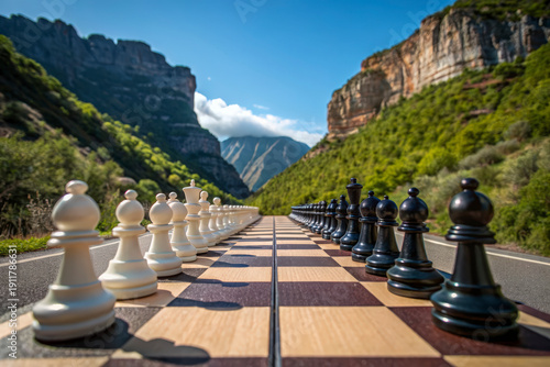 Strategic chess pieces set on a board within a grand, scenic mountain valley landscape