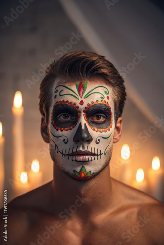 Striking portrait of a man with vibrant Dia de los Muertos sugar skull face paint and candles