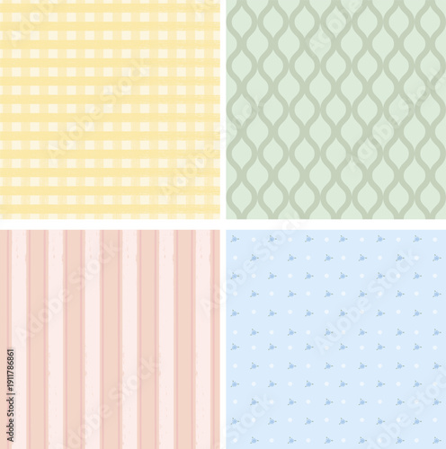 Collection of seamless pattern with polka dots, botanical repeats, stripes, gingham. Perfect for packaging, branding, visual identy design, social media, printable layouts and stationary