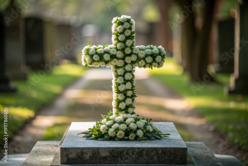 White chrysanthemum floral cross adorns a granite gravestone in a peaceful cemetery garden for remembrance