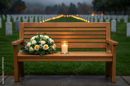 A glowing candle and fresh floral wreath on a wooden bench in a solemn cemetery at dusk