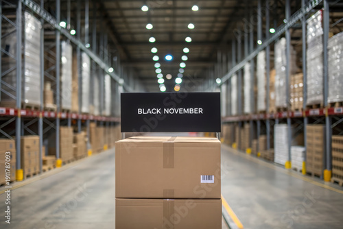 A striking Black November sign stands on cardboard boxes within a vast warehouse filled with inventory aisles