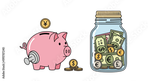 Piggy bank and money jar.