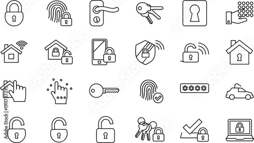 Outline security icons set featuring smart home protection, fingerprint biometrics, door locks, digital passwords, car security, mobile safety and private data encryption symbols. (23 words)
