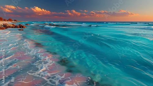 Stunning beach scene with gentle waves caressing the shore under a vibrant sunset. soft pink and orange hues blend with the turquoise ocean, creating a tranquil, picturesque atmosphere ideal for relax