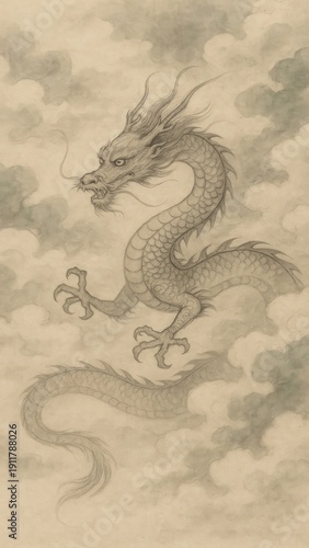 Mystical dragon amidst clouds.