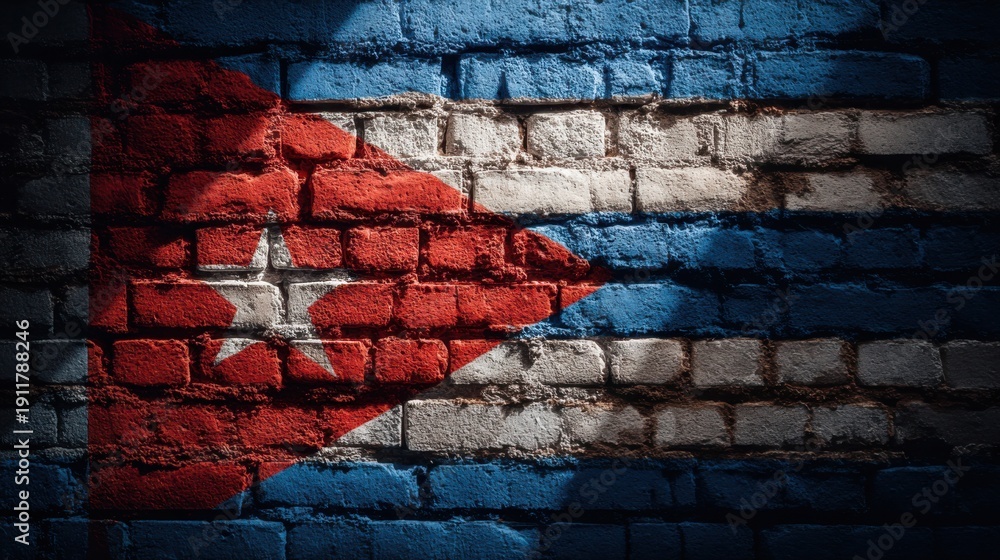 Fototapeta premium Cuban flag painted on a brick wall showing colors and design in an urban setting at night