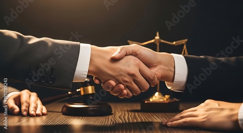 Business Agreement: A close-up shot of a formal handshake, sealed with a commitment, set against the backdrop of legal instruments symbolizing justice and agreement.