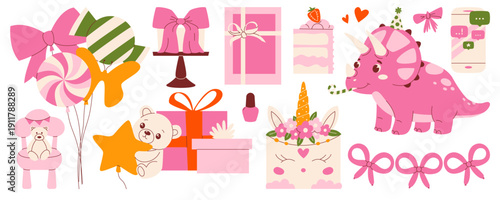 Pink birthday party set elements with cute triceratops, unicorn cake, gifts, balloons. Modern retro flat vector minimalist illustration for girls celebration, nursery, kids book, poster, invitation